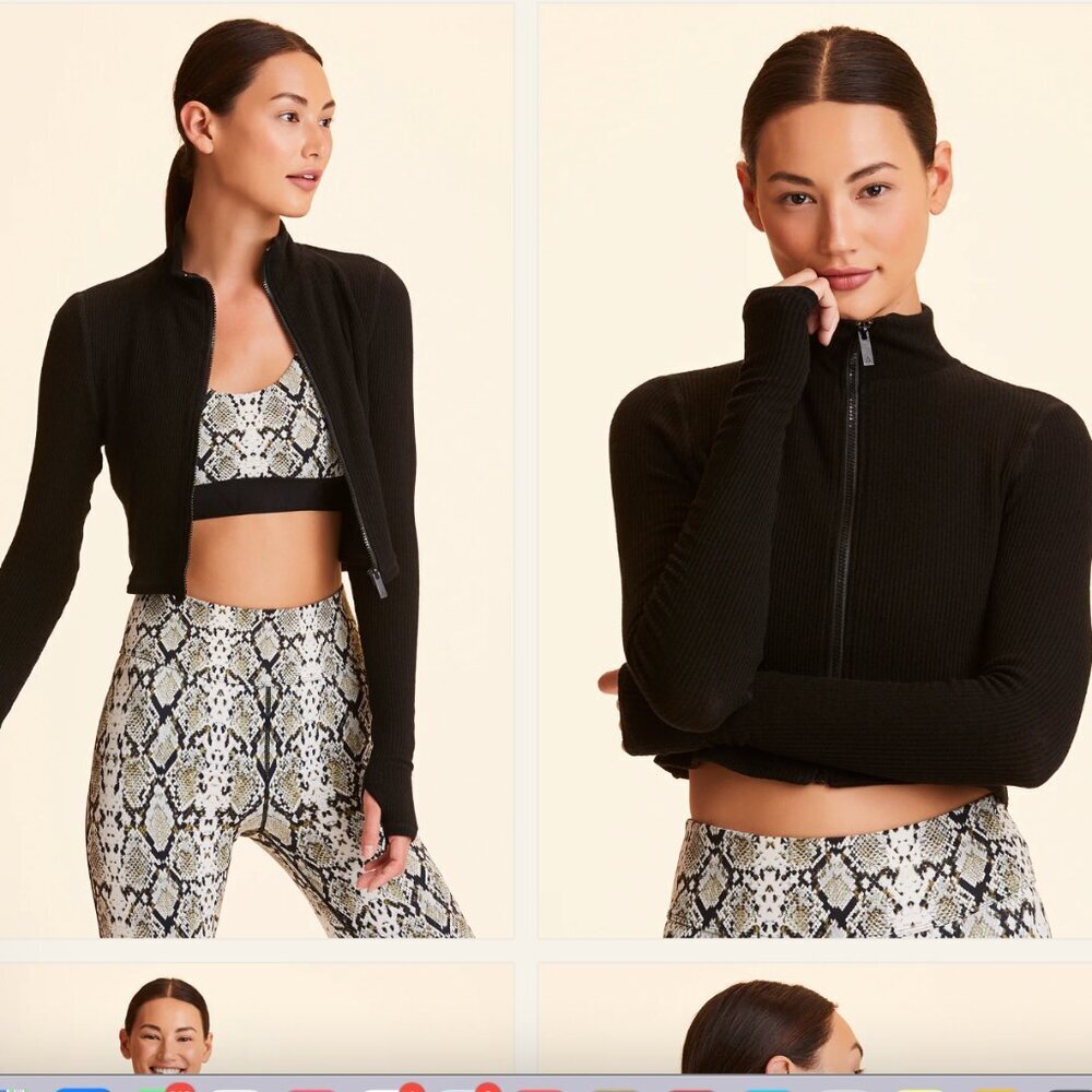 Alala Rise Up - Black Ribbed Crop Long Sleeve Full-Zip Athletic Top XS